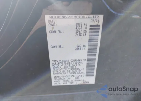 2019 Nissan Altima 2.5 Sl from USA, damaged, VIN 1N4BL4EV0KC203747